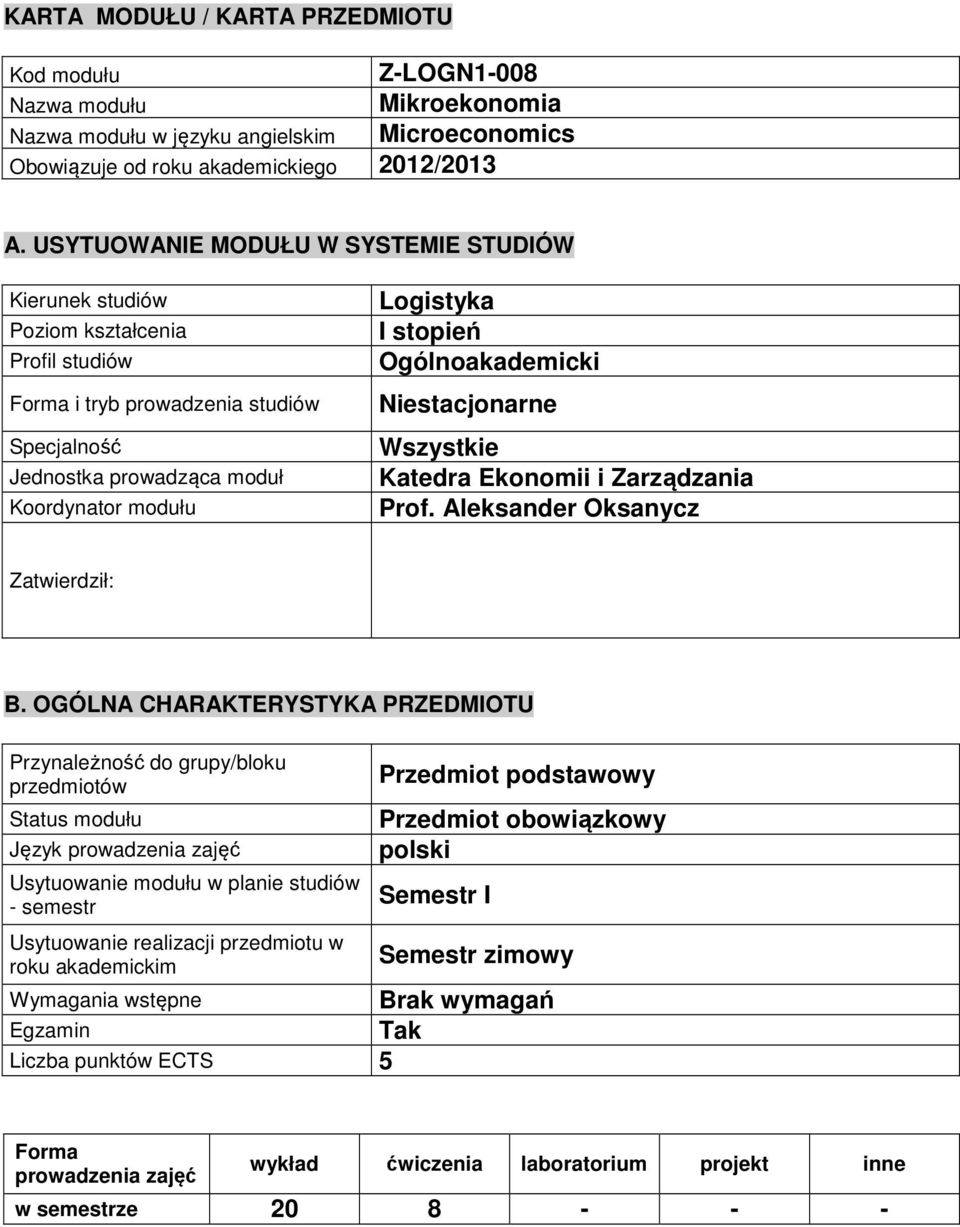 Ogólnoakademicki Niestacjonarne Wszystkie Katedra Ekonomii i Zarządzania Prof. Aleksander Oksanycz Zatwierdził: B.