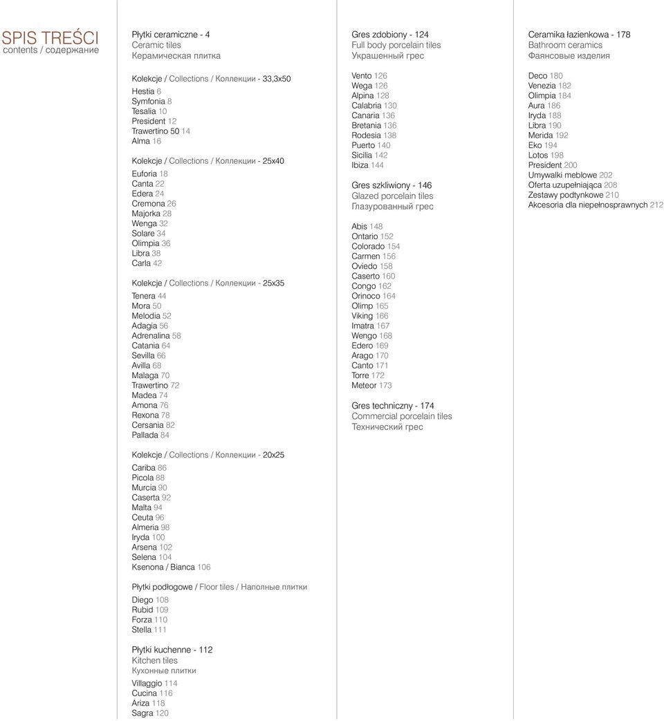 Kolekcje / Collections / - 25x35 Tenera 44 Mora 50 Melodia 52 Adagia 56 Adrenalina 58 Catania 64 Sevilla 66 Avilla 68 Malaga 70 Trawertino 72 Madea 74 Amona 76 Rexona 78 Cersania 82 Pallada 84 Vento