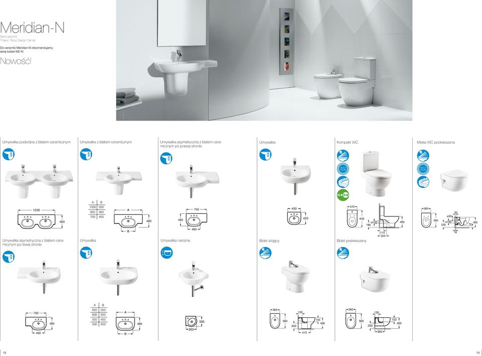 ceramicznym po lewej stronie A B 1000 500 850 460 700 400 Umywalka B 460 750 460 460 Umywalka narożna Bidet stojący 450 420 370 645 ø102 180 Bidet podwieszany 115