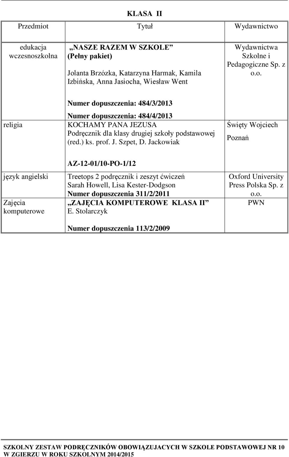 Jackowiak Święty Wojciech Poznań język angielski Zajęcia komputerowe AZ-12-01/10-PO-1/12 Treetops 2 podręcznik i zeszyt ćwiczeń Sarah Howell, Lisa