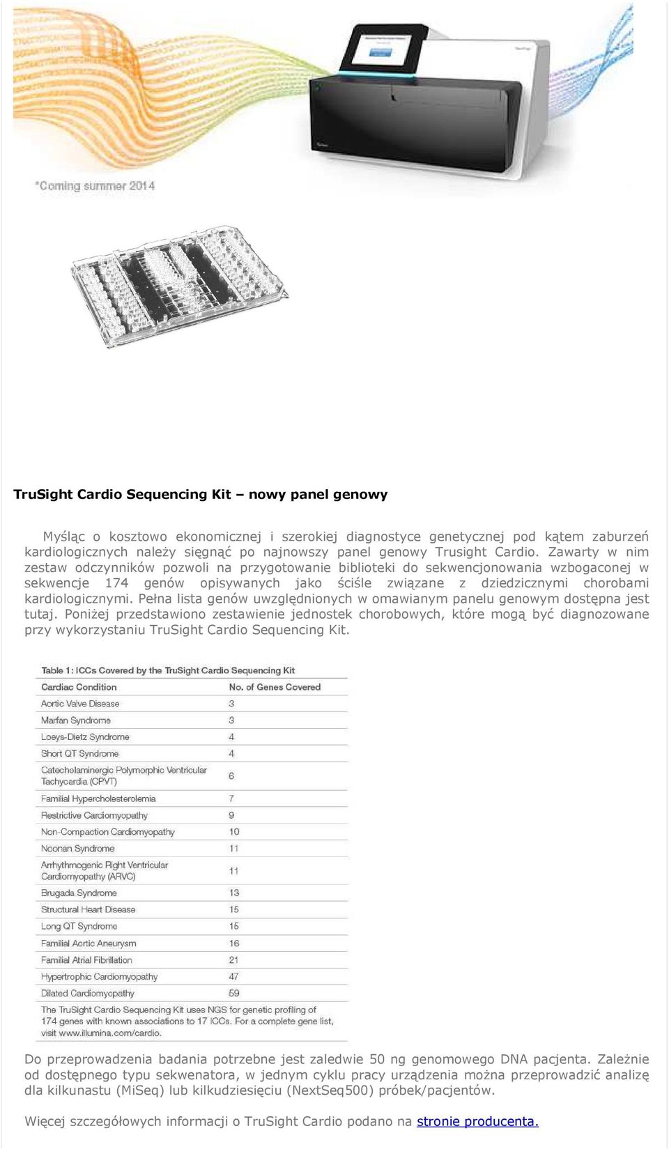 Zawarty w nim zestaw odczynników pozwoli na przygotowanie biblioteki do sekwencjonowania wzbogaconej w sekwencje 174 genów opisywanych jako ściśle związane z dziedzicznymi chorobami kardiologicznymi.