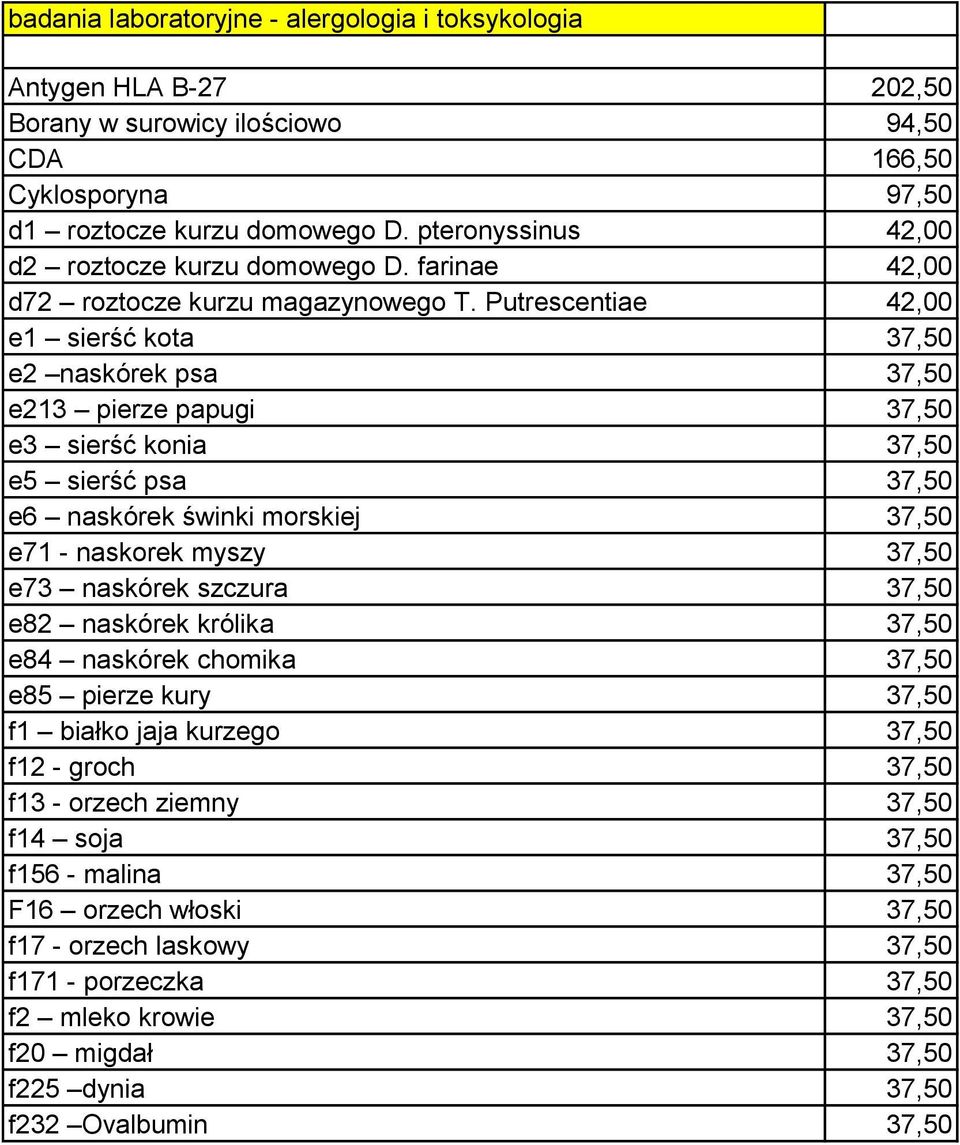 Putrescentiae 42,00 e1 sierść kota 37,50 e2 naskórek psa 37,50 e213 pierze papugi 37,50 e3 sierść konia 37,50 e5 sierść psa 37,50 e6 naskórek świnki morskiej 37,50 e71 - naskorek myszy 37,50 e73