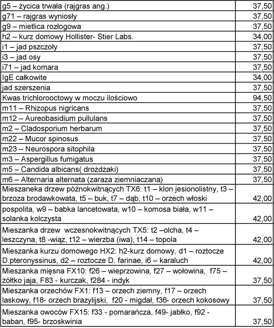 pullulans 37,50 m2 Cladosporium herbarum 37,50 m22 Mucor spinosus 37,50 m23 Neurospora sitophila 37,50 m3 Aspergillus fumigatus 37,50 m5 Candida albicans( drożdżaki) 37,50 m6 Alternaria alternata