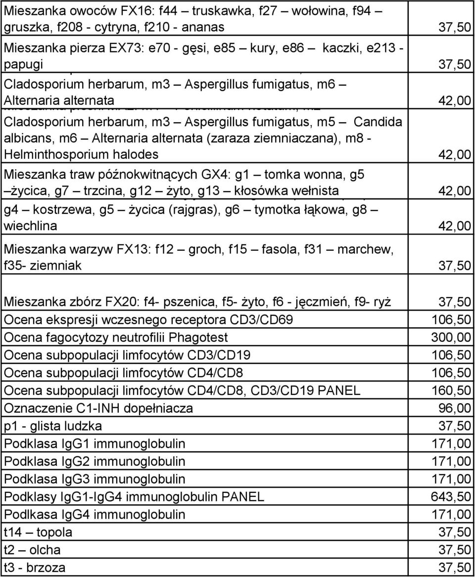 fumigatus, m5 Candida albicans, m6 Alternaria alternata (zaraza ziemniaczana), m8 - Helminthosporium halodes 42,00 Mieszanka traw późnokwitnących GX4: g1 tomka wonna, g5 życica, g7 trzcina, g12 żyto,