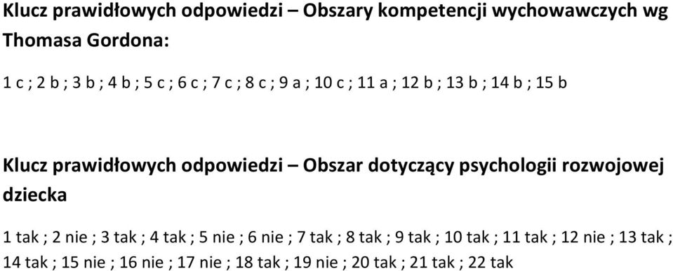 b Klucz prawidłowych odpowiedzi Obszar dotyczący psychologii rozwojowej dziecka 1 ; 2 ;