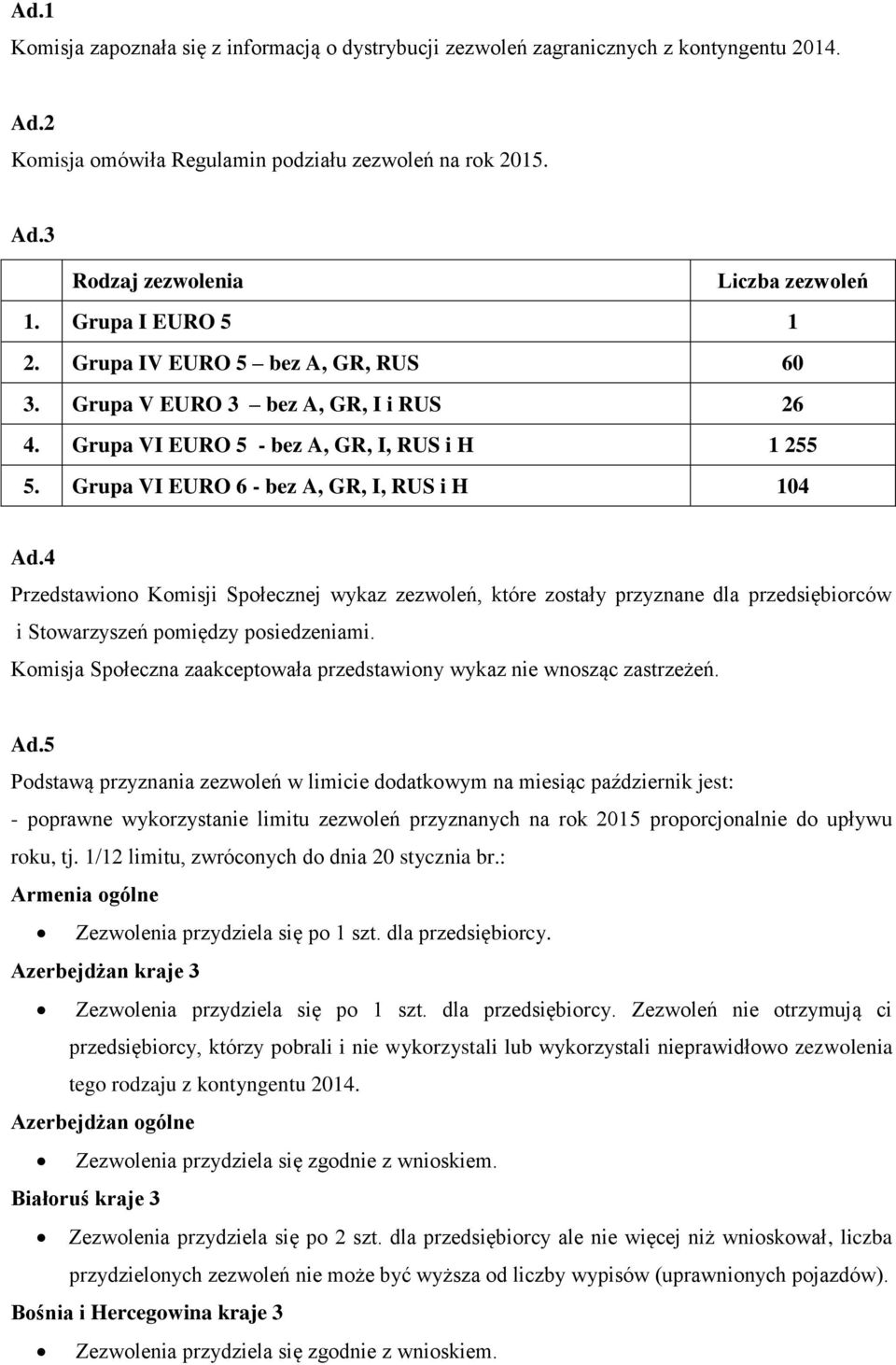 4 Przedstawiono Komisji Społecznej wykaz zezwoleń, które zostały przyznane dla przedsiębiorców i Stowarzyszeń pomiędzy posiedzeniami.