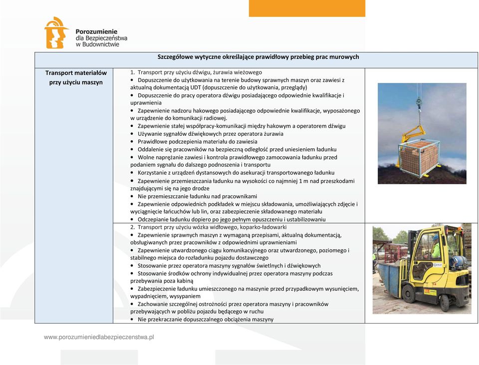 Dopuszczenie do pracy operatora dźwigu posiadającego odpowiednie kwalifikacje i uprawnienia Zapewnienie nadzoru hakowego posiadającego odpowiednie kwalifikacje, wyposażonego w urządzenie do