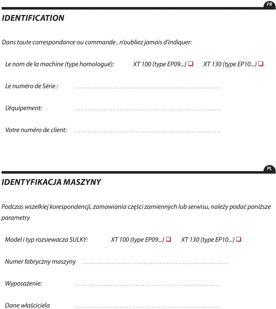 .. PL IDENTYFIKACJA MASZYNY Podczas wszelkiej korespondencji, zamawiania części zamiennych lub serwisu, należy podać