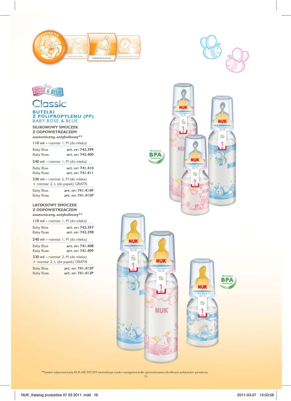 410 Baby Rose art. nr: 741.411 330 ml rozmiar 2, M (do mleka) + rozmiar 2, L (do papek) GRATIS Baby Blue art. nr: 741.414P Baby Rose art. nr: 741.415P LATEKSOWY SMOCZEK Z ODPOWIETRZACZEM anatomiczny, antykolkowy** 110 ml rozmiar 1, M (do mleka) Baby Blue art.