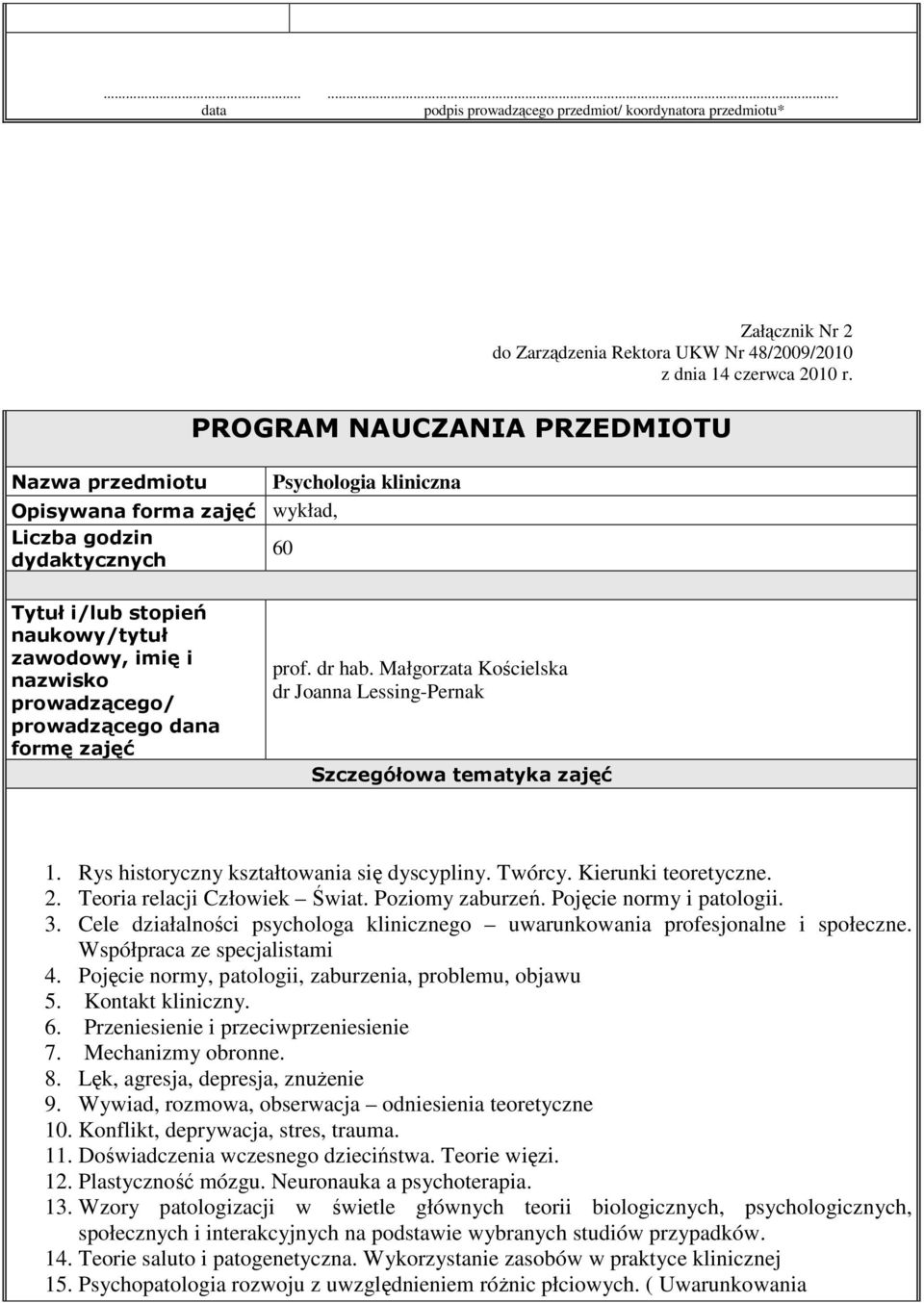 prowadzącego/ prowadzącego dana formę zajęć prof. dr hab. Małgorzata Kościelska dr Joanna Lessing-Pernak Szczegółowa tematyka zajęć 1. Rys historyczny kształtowania się dyscypliny. Twórcy.