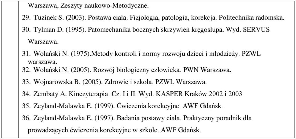 Rozwój biologiczny człowieka. PWN Warszawa. 33. Wojnarowska B. (2005). Zdrowie i szkoła. PZWL Warszawa. 34. Zembaty A. Kinezyterapia. Cz. I i II. Wyd.