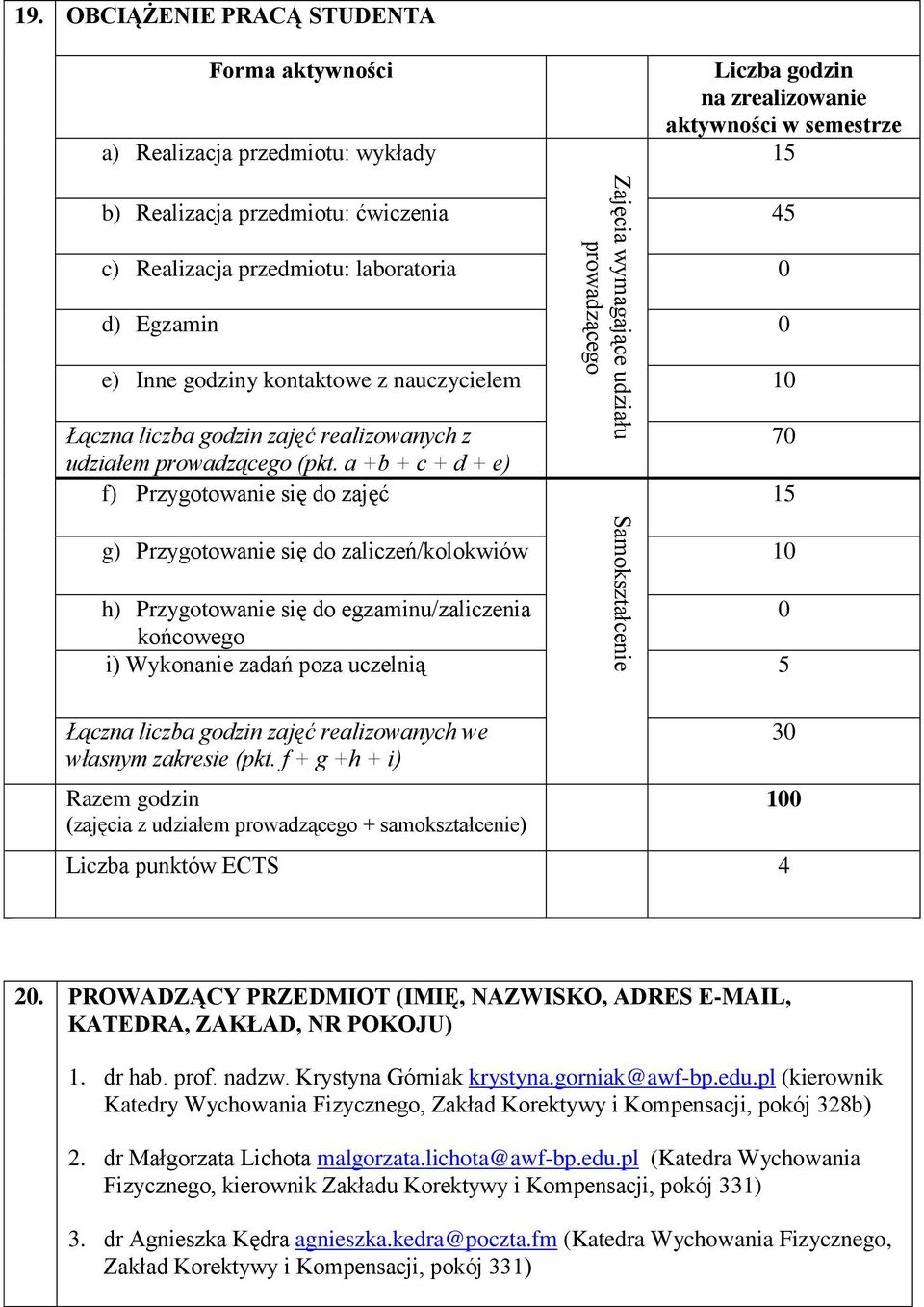 laboratoria 0 d) Egzamin 0 e) Inne godziny kontaktowe z nauczycielem 10 Łączna liczba godzin zajęć realizowanych z udziałem prowadzącego (pkt.