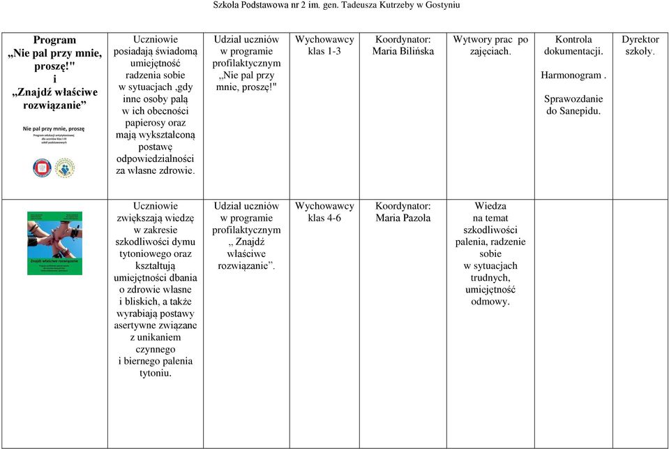 własne zdrowie. w programie profilaktycznym Nie pal przy mnie, proszę!" klas 1-3 Maria Bilińska Wytwory prac po zajęciach. Kontrola dokumentacji. Harmonogram. Sprawozdanie do Sanepidu.