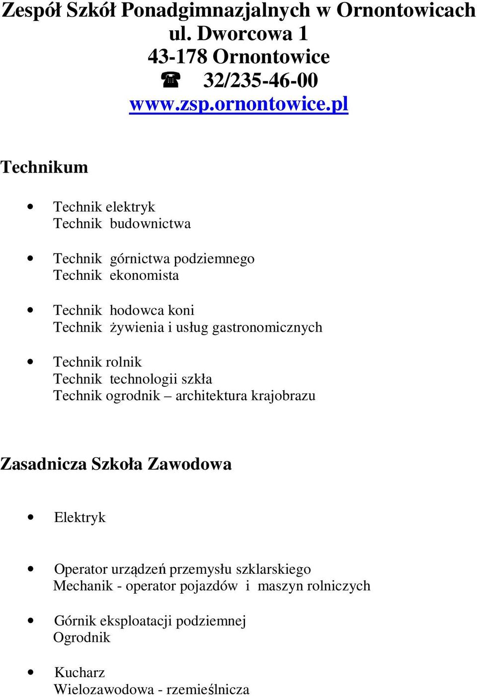 usług gastronomicznych Technik rolnik Technik technologii szkła Technik ogrodnik architektura krajobrazu Zasadnicza Szkoła Zawodowa Elektryk