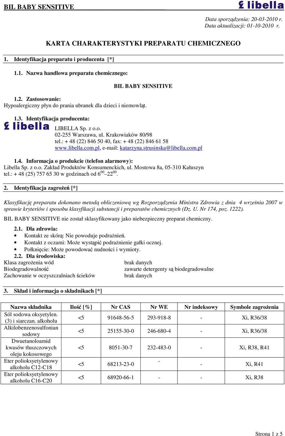 : + 48 (22) 846 50 40, fax: + 48 (22) 846 61 58 www.libella.com.pl, e-mail: katarzyna.strusinska@libella.com.pl 1.4. Informacja o produkcie (telefon alarmowy): Libella Sp. z o.o. Zakład Produktów Konsumenckich, ul.