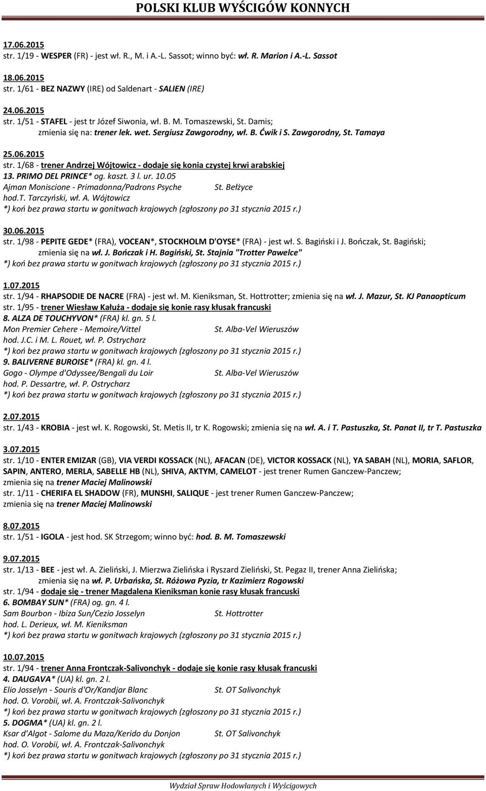 1/68 - trener Andrzej Wójtowicz - dodaje się konia czystej krwi arabskiej 13. PRIMO DEL PRINCE* og. kaszt. 3 l. ur. 10.05 Ajman Moniscione - Primadonna/Padrons Psyche St. Bełżyce hod.t. Tarczyński, wł.