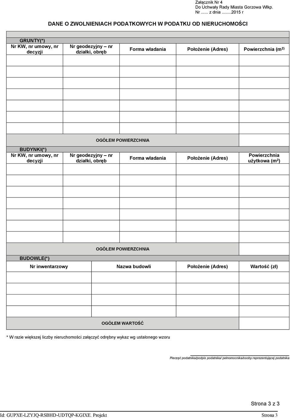 () OGÓŁEM POWIERZCHNIA BUDYNKI(*) Nr KW, nr umowy, nr decyzji Nr geodezyjny nr działki, obręb Forma władania Położenie (Adres) Powierzchnia użytkowa ( ) BUDOWLE(*) OGÓŁEM POWIERZCHNIA