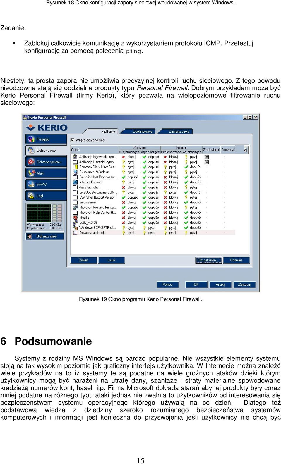 Dobrym przykładem może być Kerio Personal Firewall (firmy Kerio), który pozwala na wielopoziomowe filtrowanie ruchu sieciowego: Rysunek 19 Okno programu Kerio Personal Firewall.