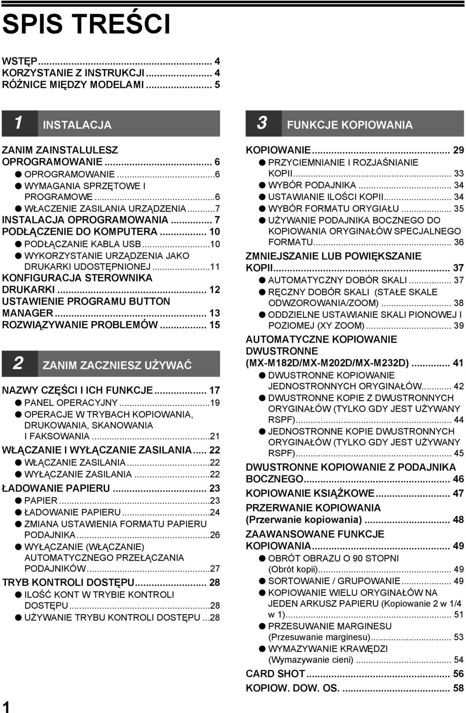 .. KONFIGURACJA STEROWNIKA DRUKARKI... USTAWIENIE PROGRAMU BUTTON MANAGER... ROZWIĄZYWANIE PROBLEMÓW... 5 ZANIM ZACZNIESZ UŻYWAĆ NAZWY CZĘŚCI I ICH FUNKCJE... 7 PANEL OPERACYJNY.