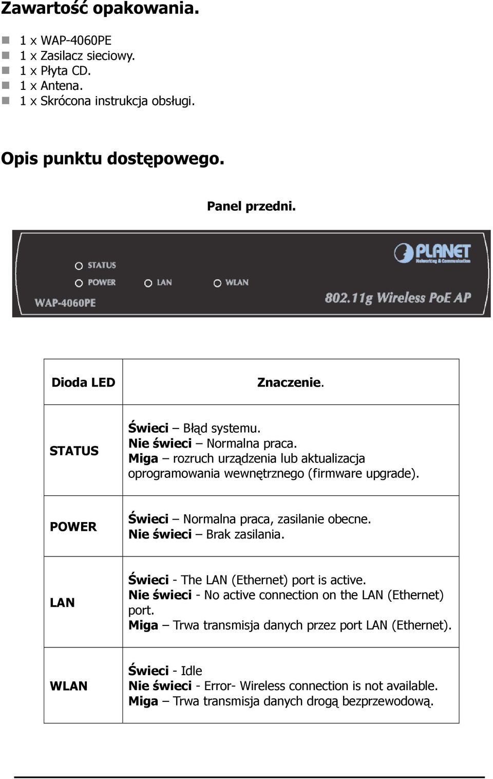 POWER Świeci Normalna praca, zasilanie obecne. Nie świeci Brak zasilania. LAN Świeci - The LAN (Ethernet) port is active.