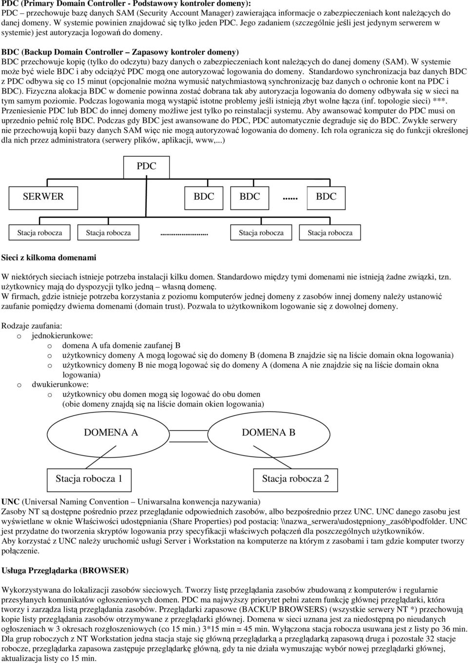 BDC (Backup Domain Controller Zapasowy kontroler domeny) BDC przechowuje kopię (tylko do odczytu) bazy danych o zabezpieczeniach kont naleŝących do danej domeny (SAM).