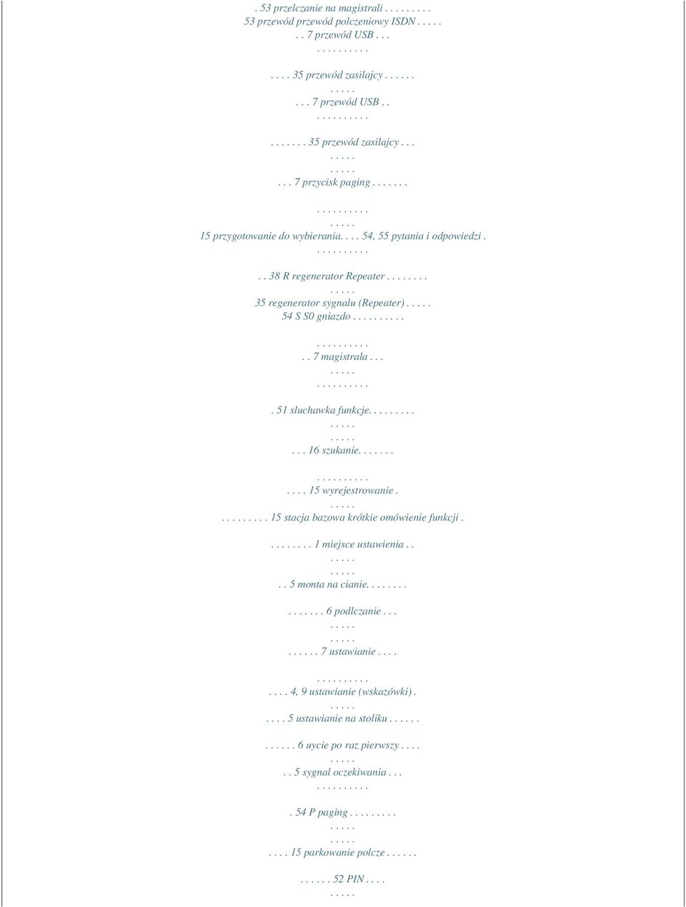 ... 51 sluchawka funkcje....... 16 szukanie...... 15 wyrejestrowanie..... 15 stacja bazowa krótkie omówienie funkcji.... 1 miejsce ustawienia.... 5 monta na cianie..... 6 podlczanie.