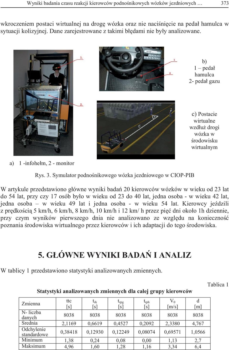 Symulator podno nikowego wózka jezdniowego w CIOP-PIB W artykule przedstawiono g ówne wyniki bada 20 kierowców wózków w wieku od 23 lat do 54 lat, przy czy 17 osób by o w wieku od 23 do 40 lat, jedna