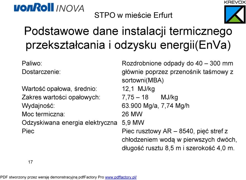 Zakres wartości opałowych: 7,75 18 MJ/kg Wydajność: 63.