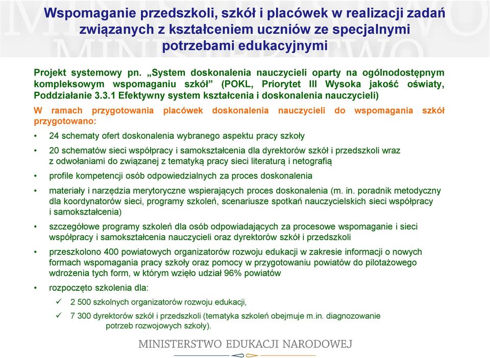 3.1 Efektywny system kształcenia i doskonalenia nauczycieli) W ramach przygotowania placówek doskonalenia nauczycieli do wspomagania szkół przygotowano: 24 schematy ofert doskonalenia wybranego