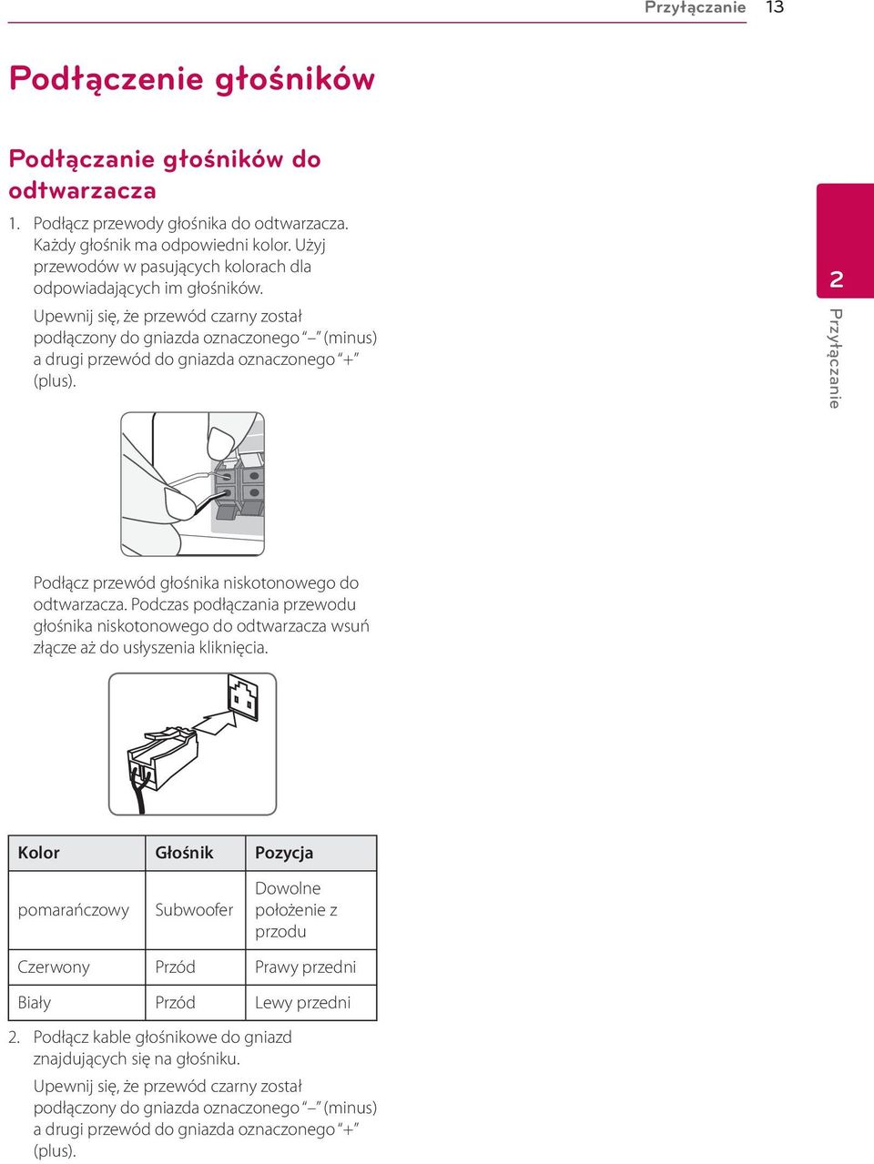 2 Przyłączanie Podłącz przewód głośnika niskotonowego do odtwarzacza. Podczas podłączania przewodu głośnika niskotonowego do odtwarzacza wsuń złącze aż do usłyszenia kliknięcia.