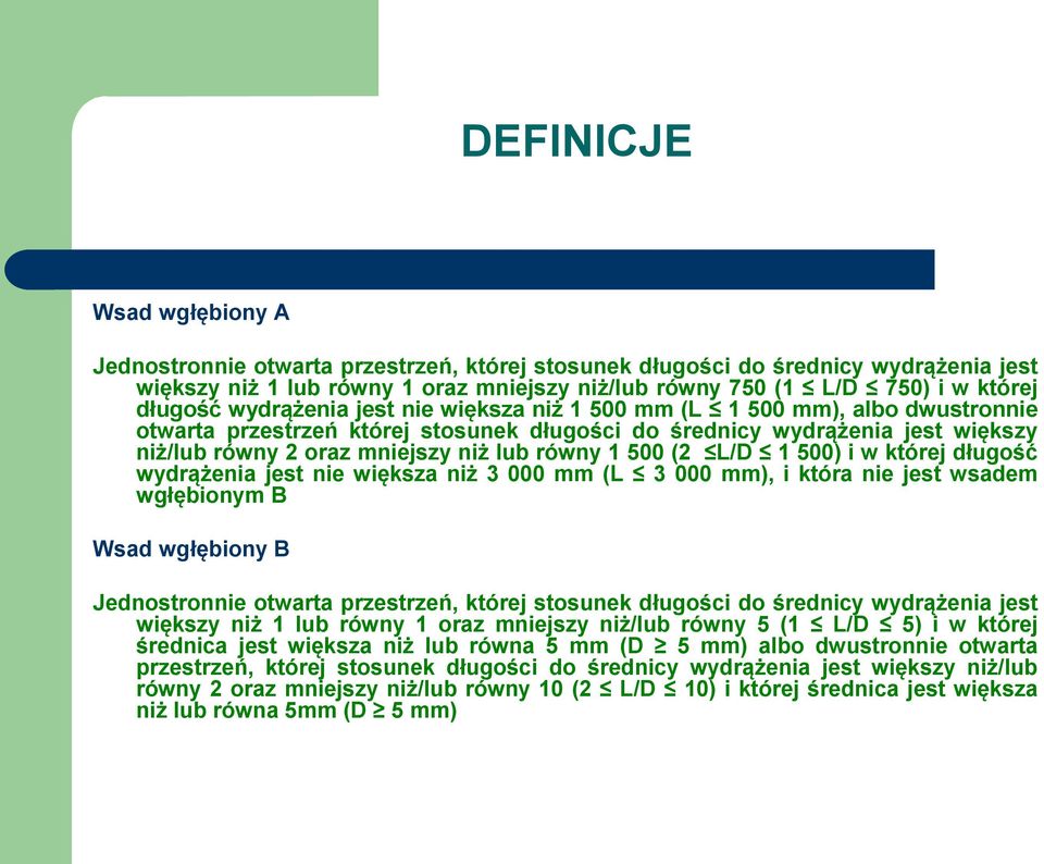 równy 1 500 (2 L/D 1 500) i w której długość wydrążenia jest nie większa niż 3 000 mm (L 3 000 mm), i która nie jest wsadem wgłębionym B Wsad wgłębiony B Jednostronnie otwarta przestrzeń, której