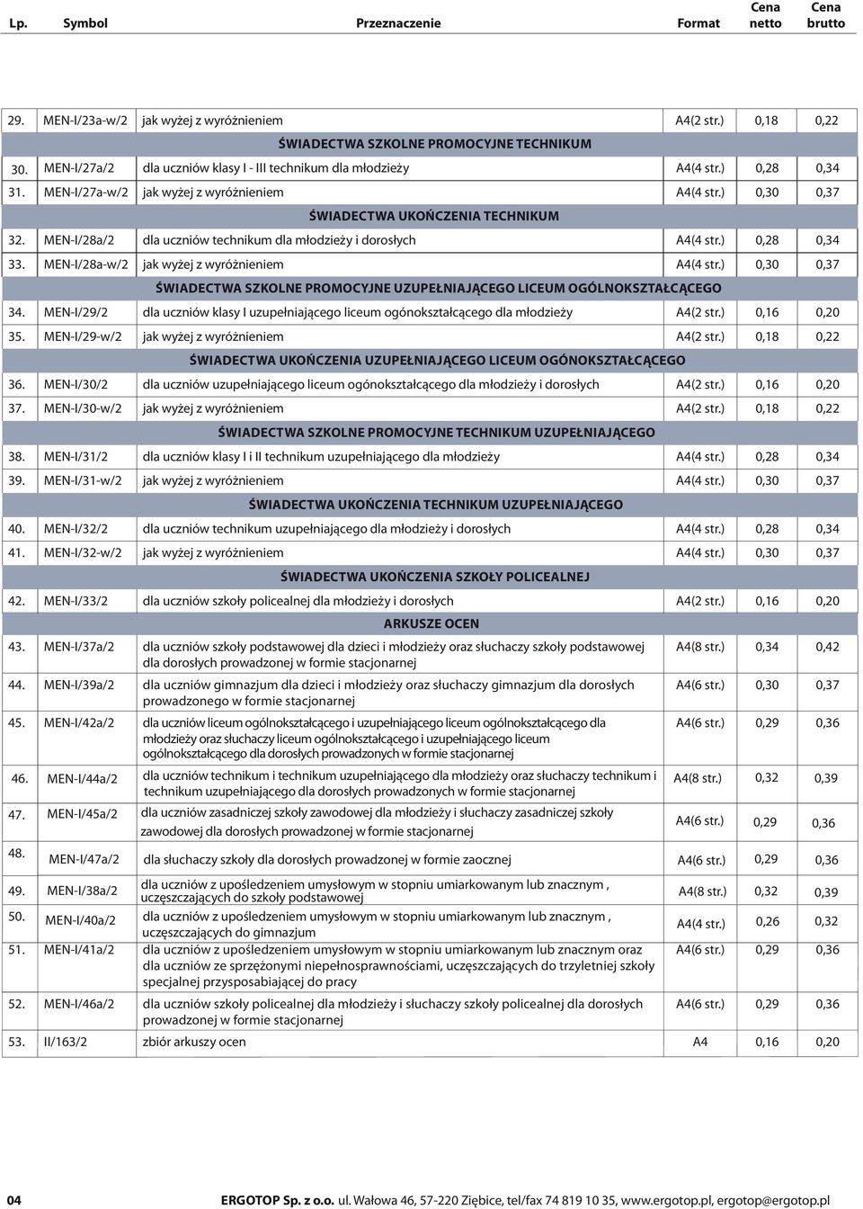 MEN-I/28a-w/2 jak wyżej z wyróżnieniem A4(4 str.) 0,30 0,37 ŚWIADECTWA SZKOLNE PROMOCYJNE UZUPEŁNIAJĄCEGO LICEUM OGÓLNOKSZTAŁCĄCEGO 34.