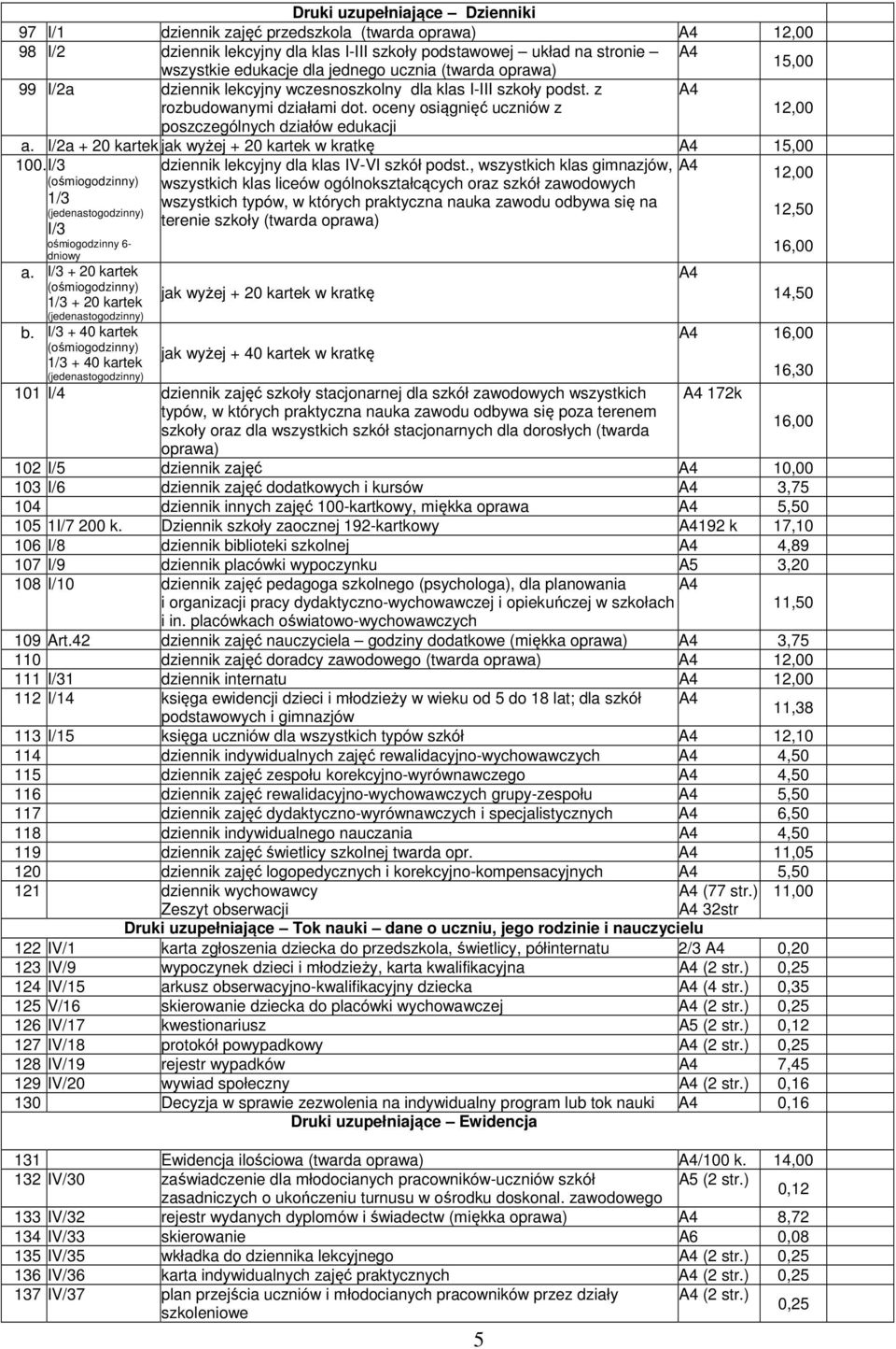 I/2a + 20 kartek jak wyżej + 20 kartek w kratkę 15,00 100.I/3 dziennik lekcyjny dla klas IV-VI szkół podst.