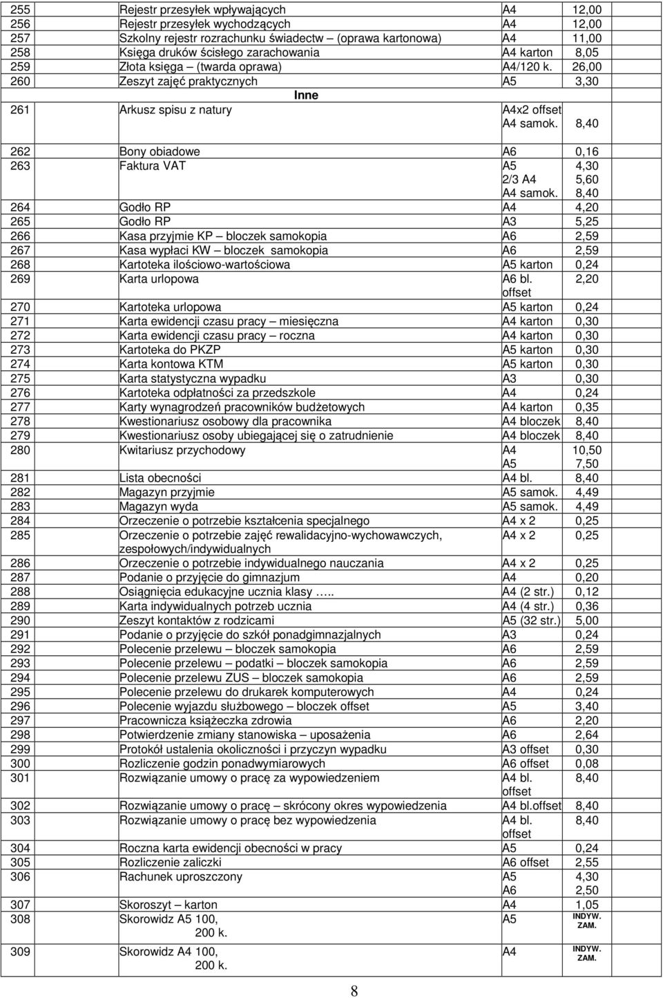 264 Godło RP 4,20 265 Godło RP A3 5,25 266 Kasa przyjmie KP bloczek samokopia A6 2,59 267 Kasa wypłaci KW bloczek samokopia A6 2,59 268 Kartoteka ilościowo-wartościowa A5 karton 0,24 269 Karta