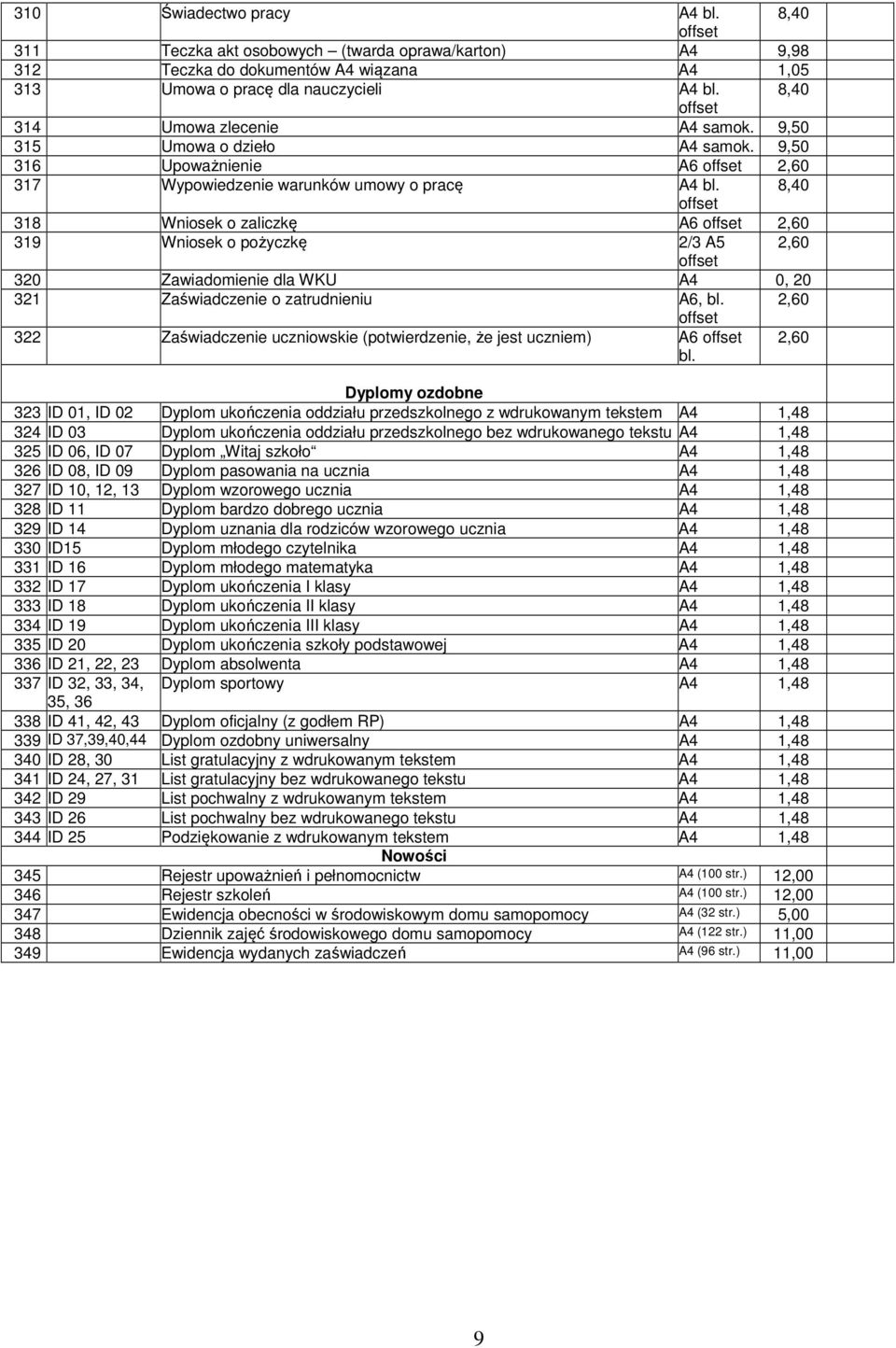 8,40 318 Wniosek o zaliczkę A6 2,60 319 Wniosek o pożyczkę 2/3 A5 2,60 320 Zawiadomienie dla WKU 0, 20 321 Zaświadczenie o zatrudnieniu A6, bl.