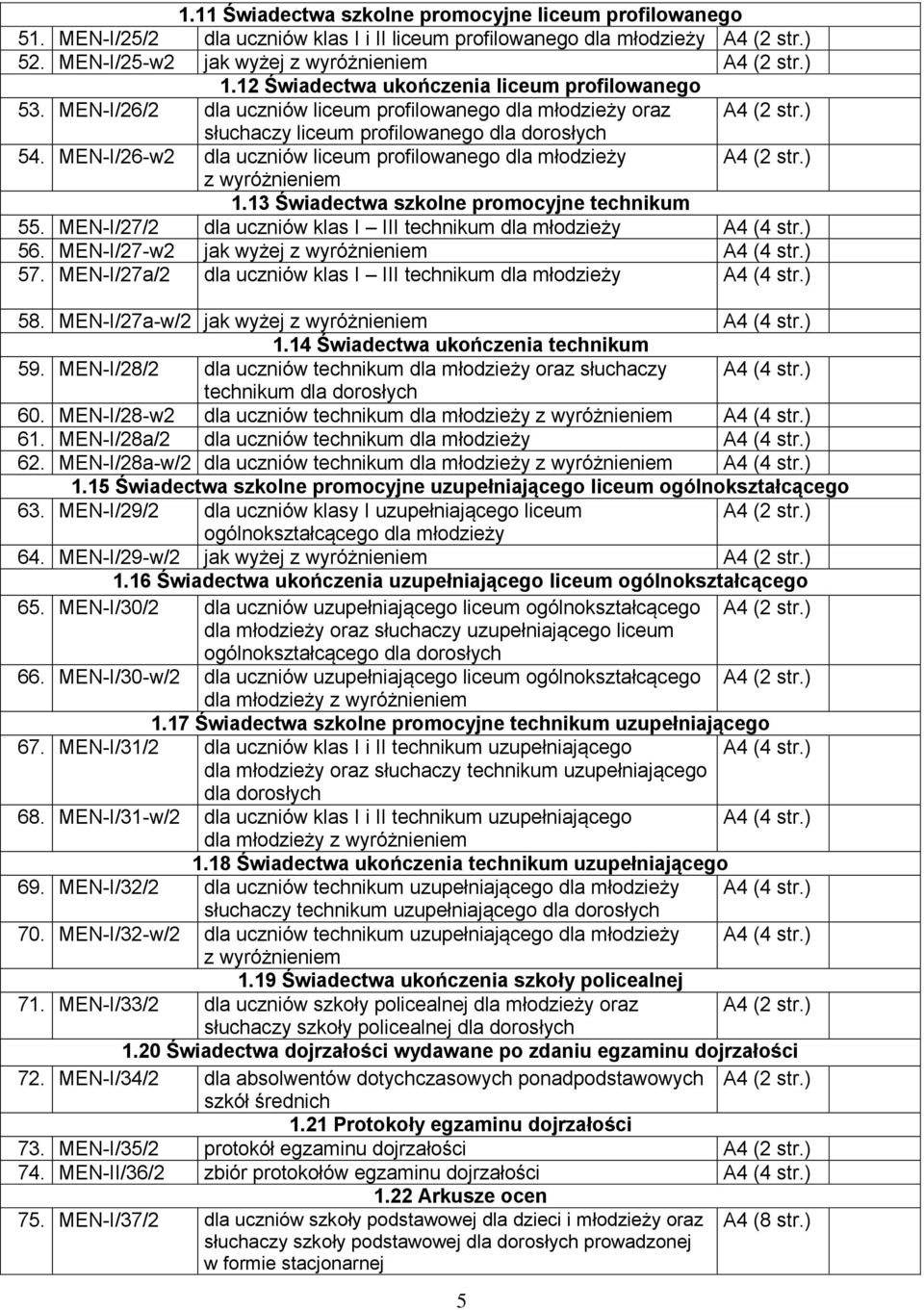 MEN-I/26-w2 dla uczniów liceum profilowanego dla młodzieży 1.13 Świadectwa szkolne promocyjne technikum 55. MEN-I/27/2 dla uczniów klas I III technikum dla młodzieży (4 str.) 56.