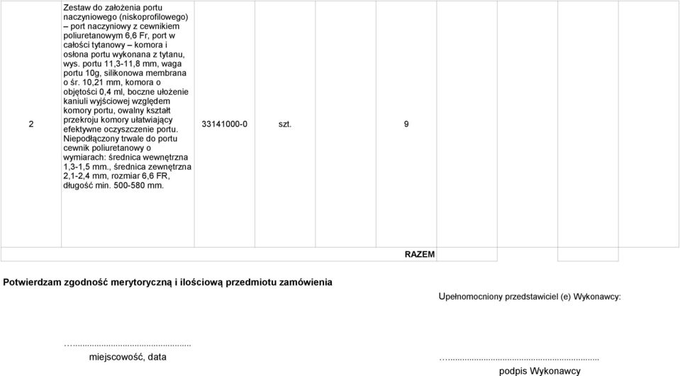 10,21 mm, komora o objętości 0,4 ml, boczne ułożenie kaniuli wyjściowej względem komory portu, owalny kształt 2 przekroju komory ułatwiający efektywne oczyszczenie portu.