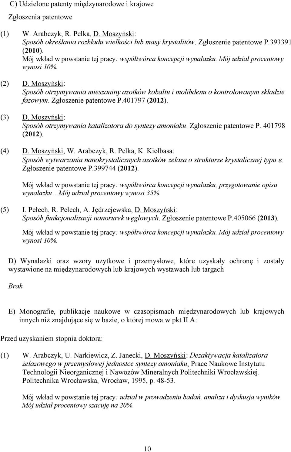 Moszyński: Sposób otrzymywania mieszaniny azotków kobaltu i molibdenu o kontrolowanym składzie fazowym. Zgłoszenie patentowe P.401797 (2012). (3) D.