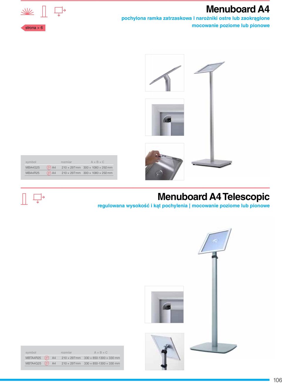 292 mm Menuboard A4 Telescopic regulowana wysokość i kąt pochylenia mocowanie poziome lub pionowe