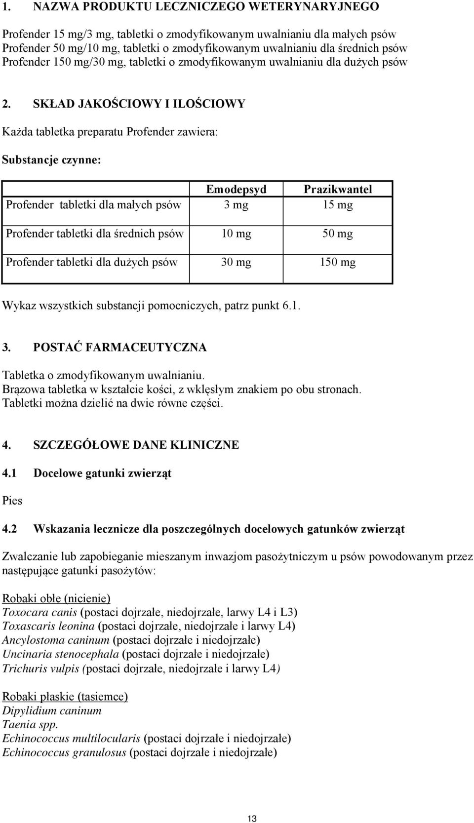 SKŁAD JAKOŚCIOWY I ILOŚCIOWY Każda tabletka preparatu Profender zawiera: Substancje czynne: Emodepsyd Prazikwantel Profender tabletki dla małych psów 3 mg 15 mg Profender tabletki dla średnich psów