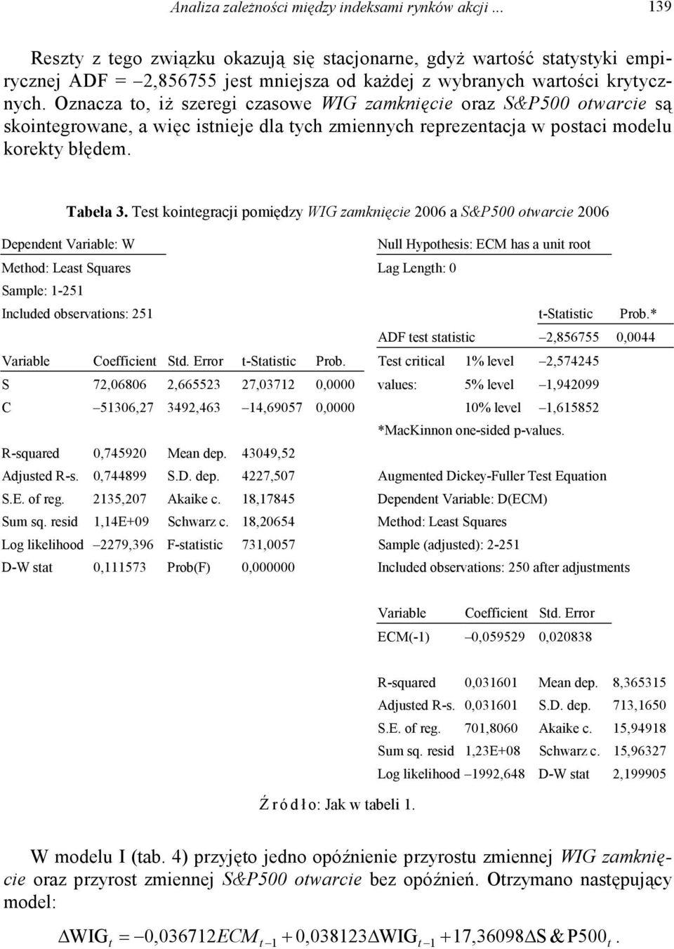 Oznacza to, iż szeregi czasowe WIG zamknięcie oraz S&P500 otwarcie są skointegrowane, a więc istnieje dla tych zmiennych reprezentacja w postaci modelu korekty błędem. Tabela 3.
