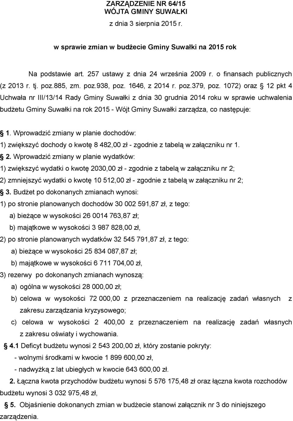 1072) oraz 12 pkt 4 Uchwała nr III/13/14 Rady Gminy Suwałki z dnia 30 grudnia 2014 roku w sprawie uchwalenia budżetu Gminy Suwałki na rok 2015 - Wójt Gminy Suwałki zarządza, co następuje: 1.