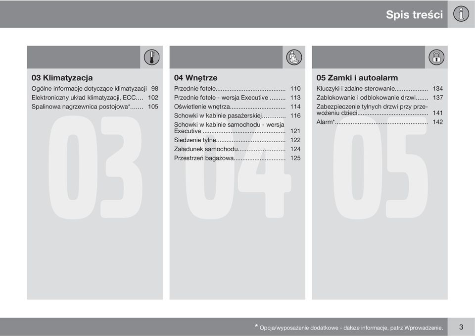 .. 113 Zablokowanie 05 i odblokowanie drzwi... 137 Oświetlenie wnętrza... 114 Zabezpieczenie tylnych drzwi przy przewożeniu dzieci... 141 Schowki w kabinie pasażerskiej.