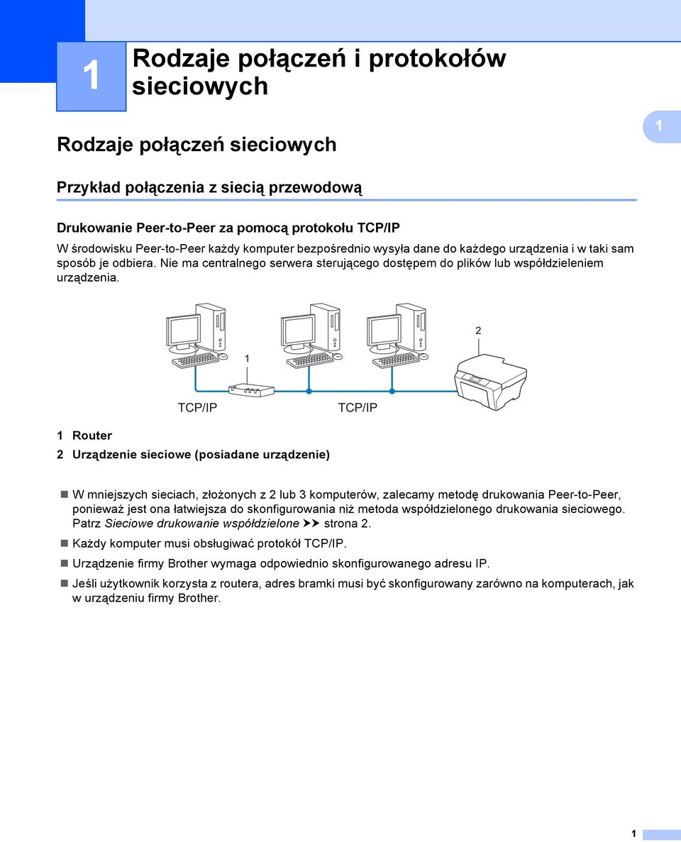 TCP/IP TCP/IP 1 Router 2 Urządzenie sieciowe (posiadane urządzenie) W mniejszych sieciach, złożonych z 2 lub 3 komputerów, zalecamy metodę drukowania Peer-to-Peer, ponieważ jest ona łatwiejsza do