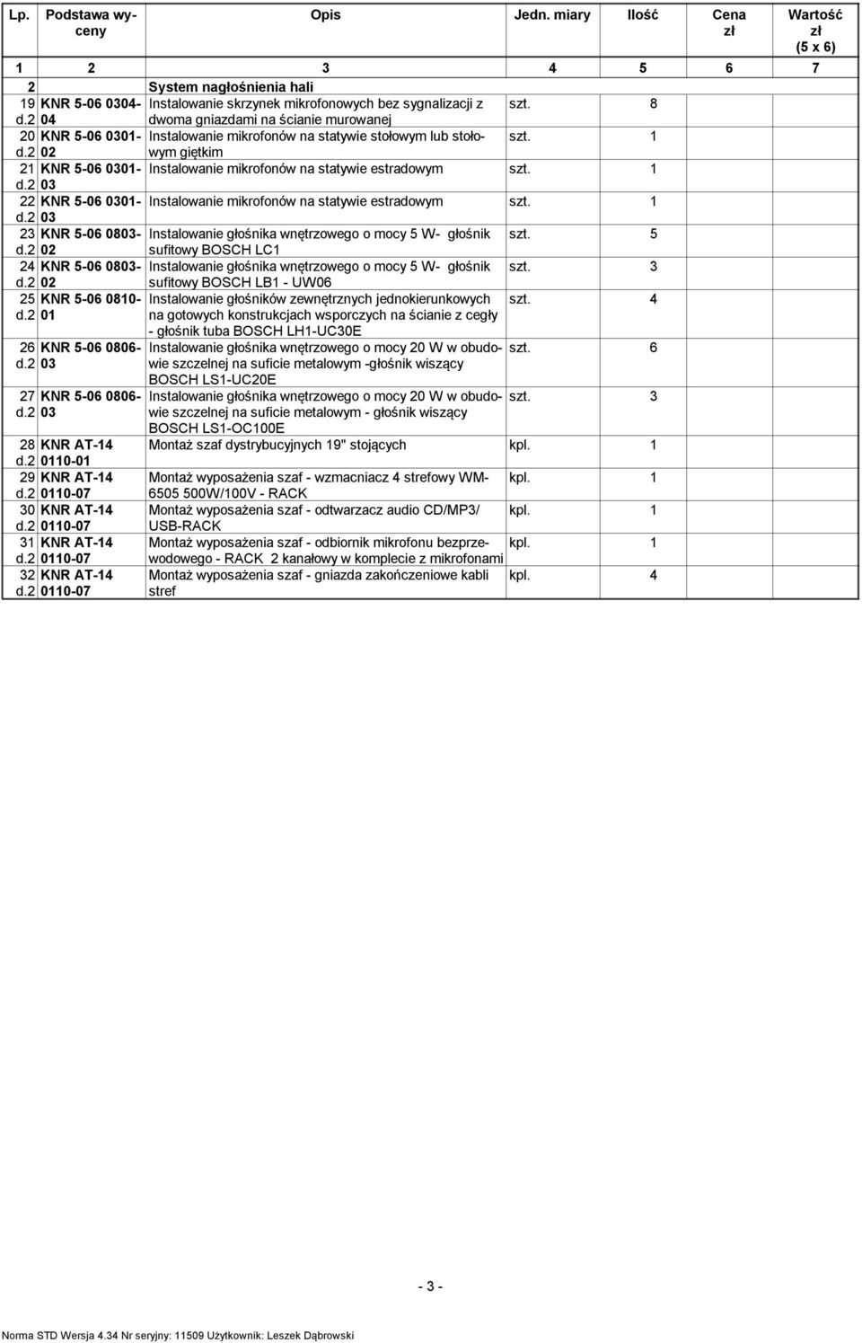 2 02 giętkim 21 KNR 5-06 0301- Instalowanie mikrofonów na statywie estradowym 22 KNR 5-06 0301- Instalowanie mikrofonów na statywie estradowym 23 KNR 5-06 0803- Instalowanie głośnika wnętrzowego o