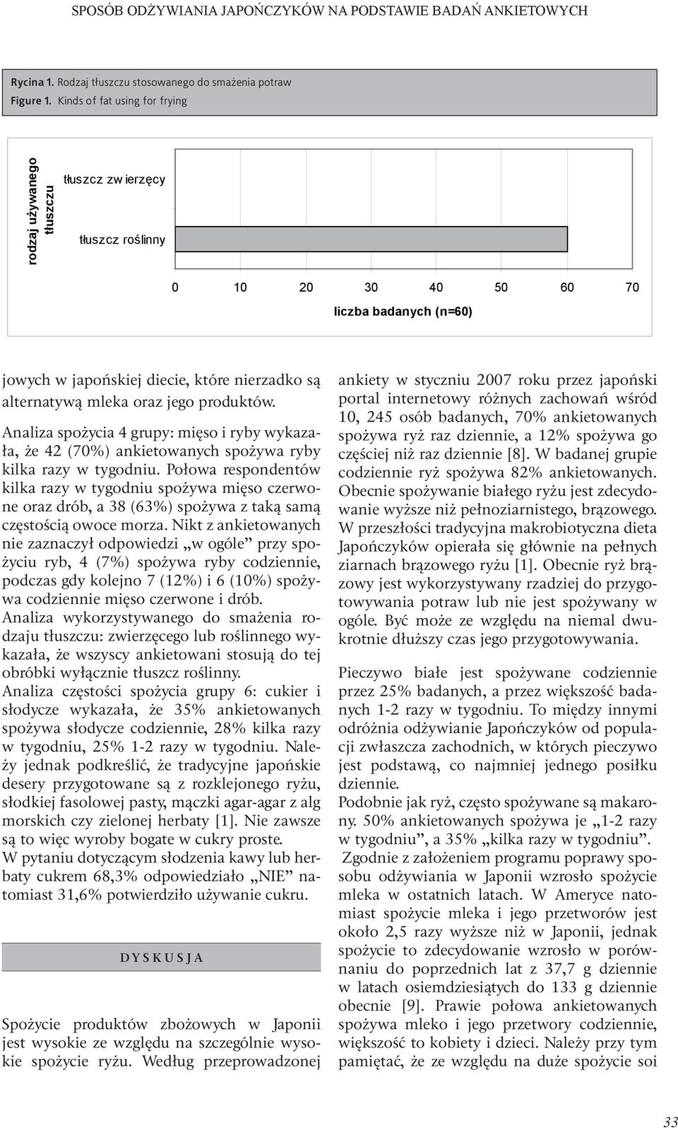 oraz jego produktów. Analiza spożycia 4 grupy: mięso i ryby wykazała, że 42 (70%) ankietowanych spożywa ryby kilka razy w tygodniu.