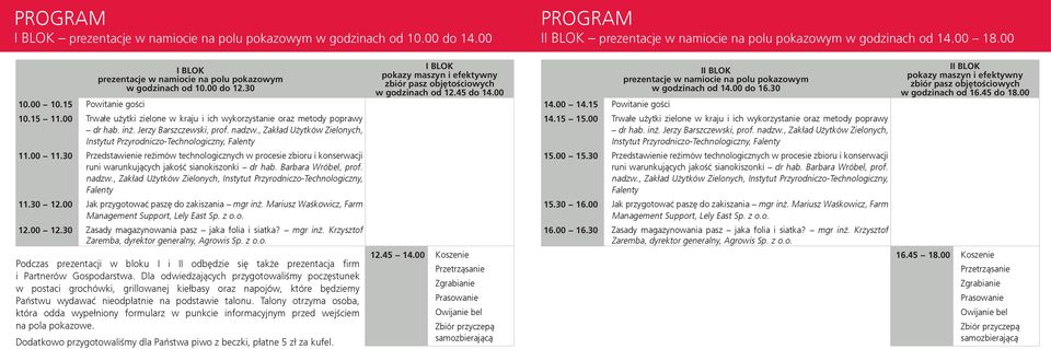 00 II BLOK prezentacje w namiocie na polu pokazowym w godzinach od 14.00 do 16.30 14.00 14.15 Powitanie gości 14.15 15.00 Trwałe użytki zielone w kraju i ich wykorzystanie oraz metody poprawy dr hab.