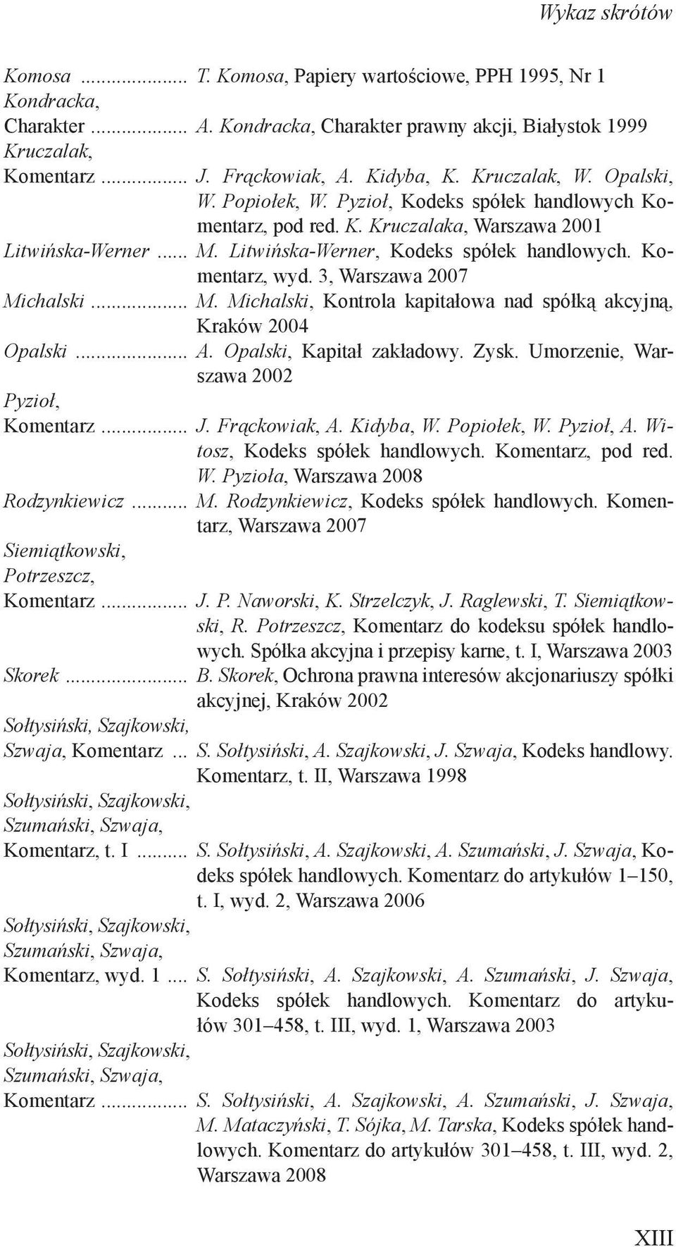 Komentarz, wyd. 3, Warszawa 2007 Michalski... M. Michalski, Kontrola kapitałowa nad spółką akcyjną, Kraków 2004 Opalski... A. Opalski, Kapitał zakładowy. Zysk.