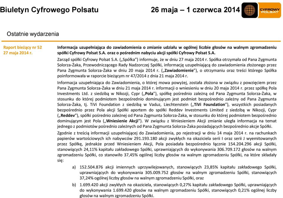 Spółka otrzymała od Pana Zygmunta Solorza-Żaka, Przewodniczącego Rady Nadzorczej Spółki, informację uzupełniającą do zawiadomienia złożonego przez Pana Zygmunta Solorza-Żaka w dniu 20 maja 2014 r.