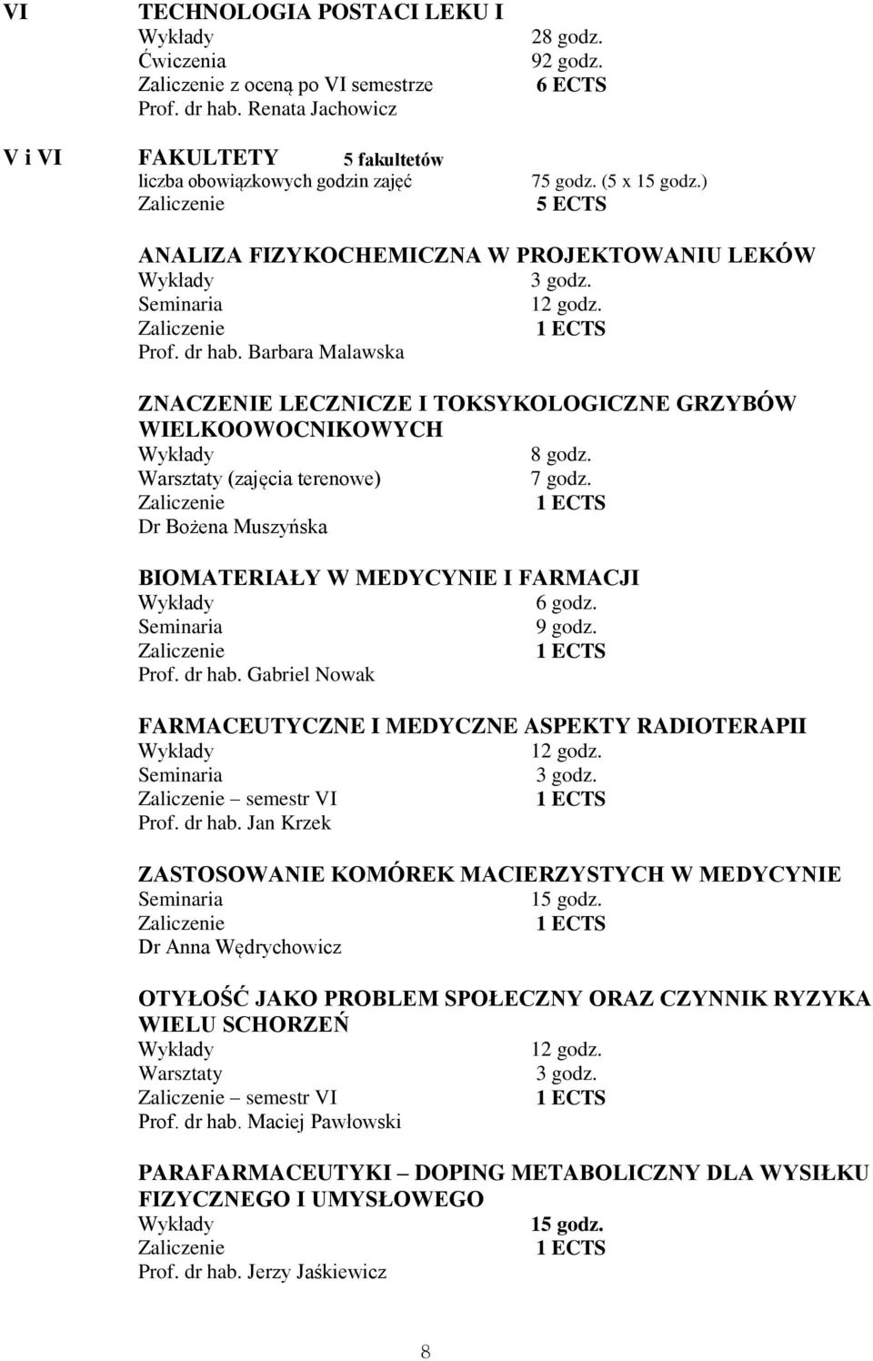 Barbara Malawska ZNACZENIE LECZNICZE I TOKSYKOLOGICZNE GRZYBÓW WIELKOOWOCNIKOWYCH Warsztaty (zajęcia terenowe) 7 godz. Dr Bożena Muszyńska BIOMATERIAŁY W MEDYCYNIE I FARMACJI 6 godz. 9 godz. Prof.